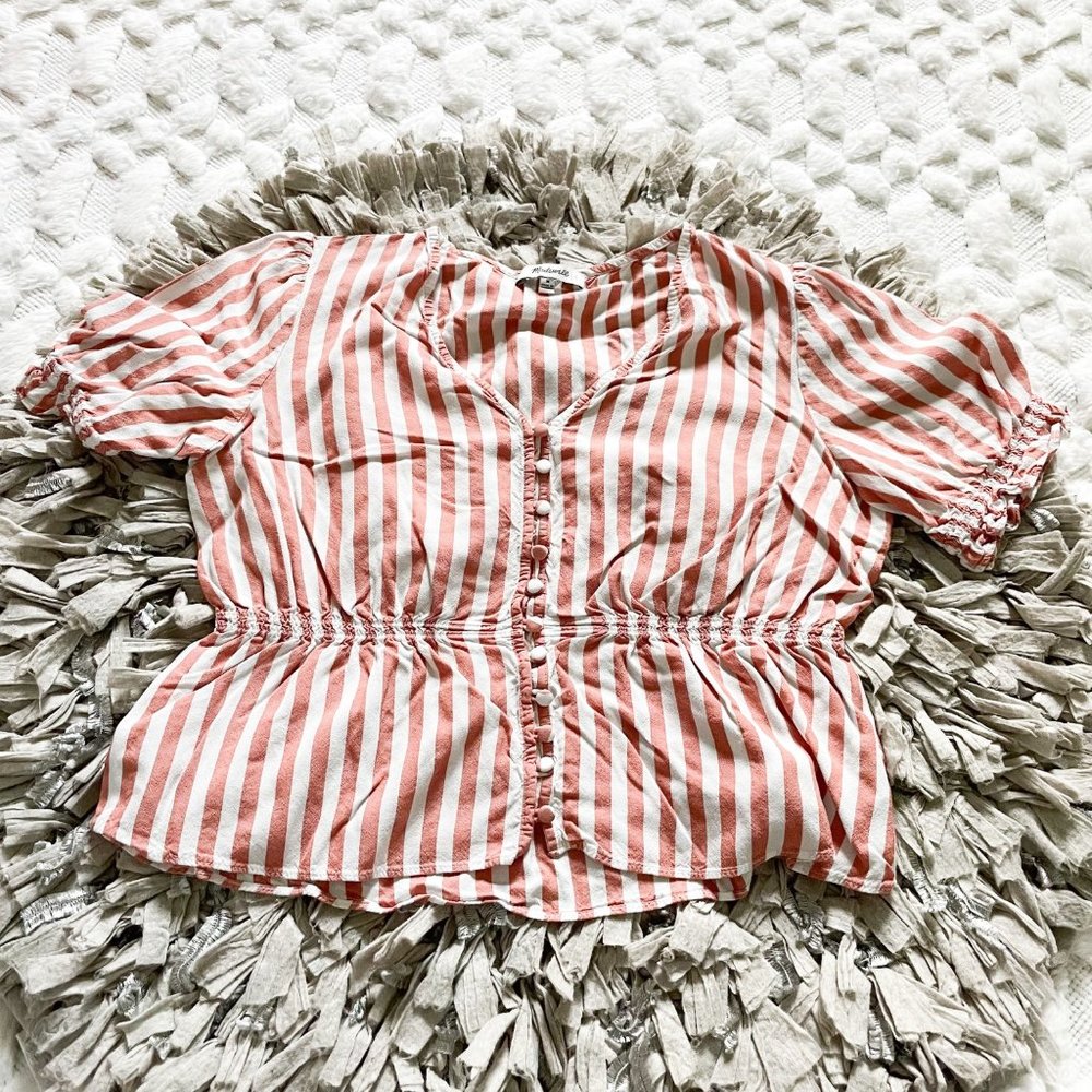 Madewell V-Neck Peplum Popover Top in Pink Stripe AL498 - Picture 2 of 6